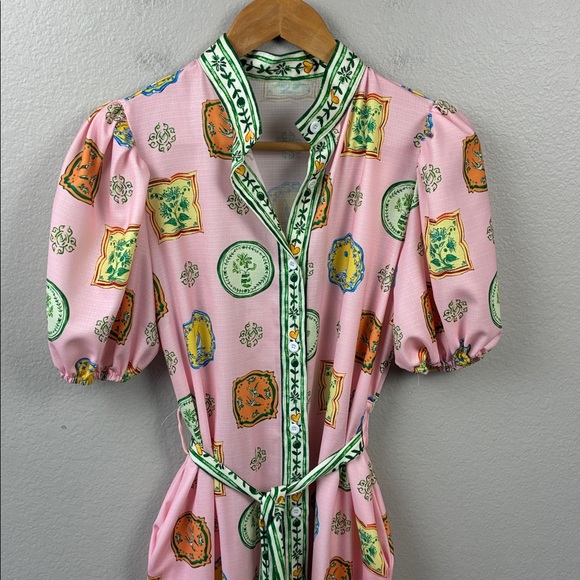 Porcelain Print Linen Midi Shirt Dress Pink Balloon Sleeve Belted Boho Luxe M - Picture 6 of 10